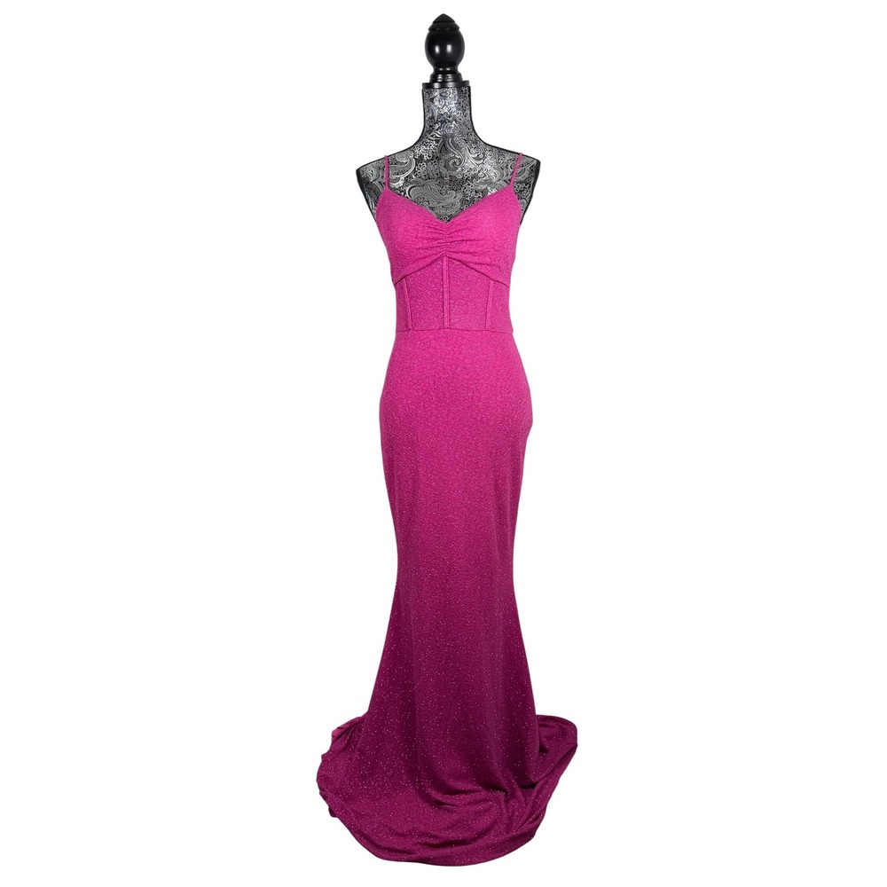 Windsor Hot Pink Glitter Mermaid Maxi Dress Size L Ruched Corset Formal Gown